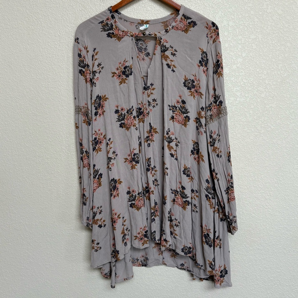 Free People Retro Floral Print Swing Tunic Boho Keyhole Mini Dress Medium - Picture 3 of 7